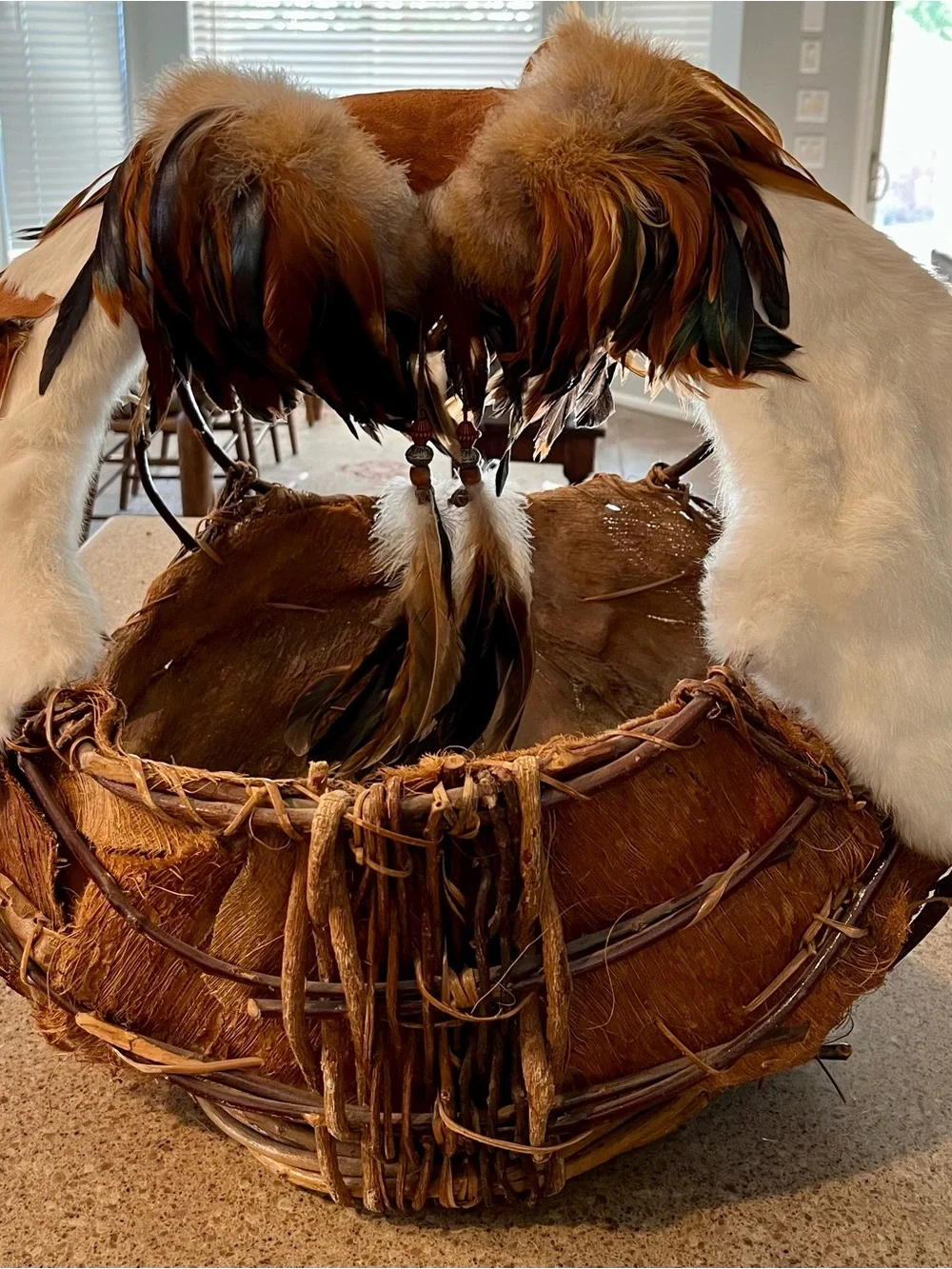 Native American Handmade Brown Feathered Bird Nest Perch